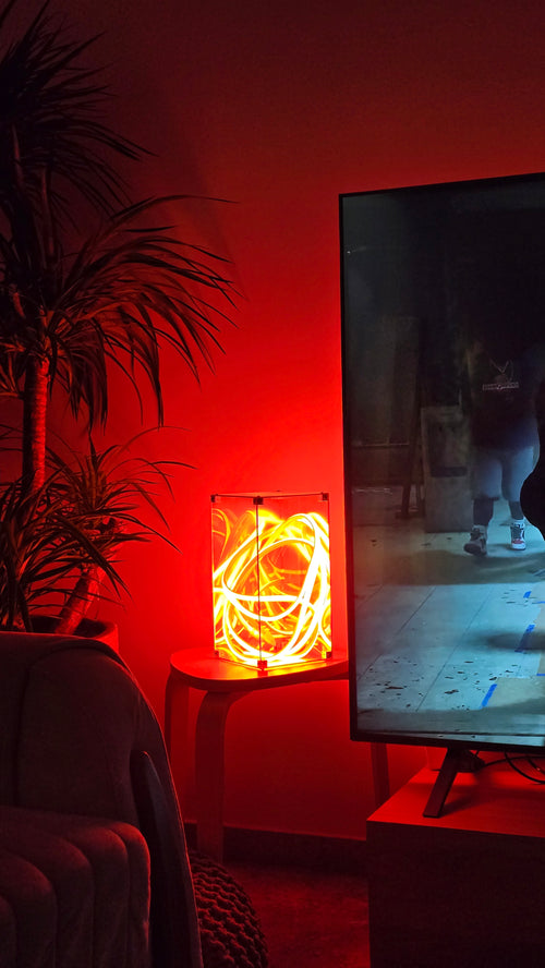 Entangle neon loop lamp in a clear acrylic box